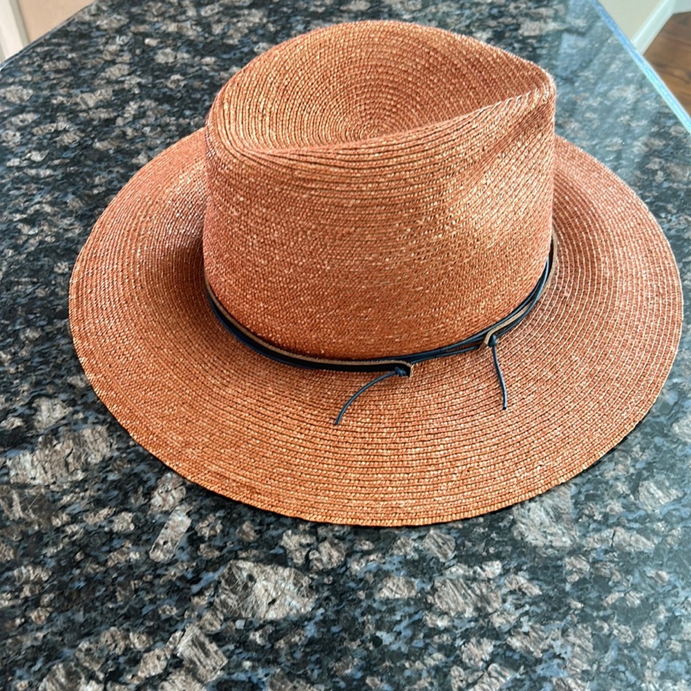 Lola hat. 5” height from brim to top,, 14” brim width, 7” head opening